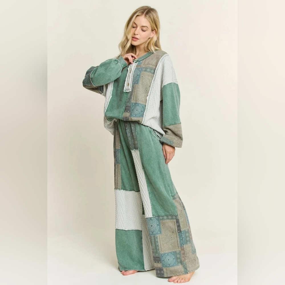#1057 J Her Mineral Washed Bandana Patchwork + Sweater Pant SET - Picture 4 of 10